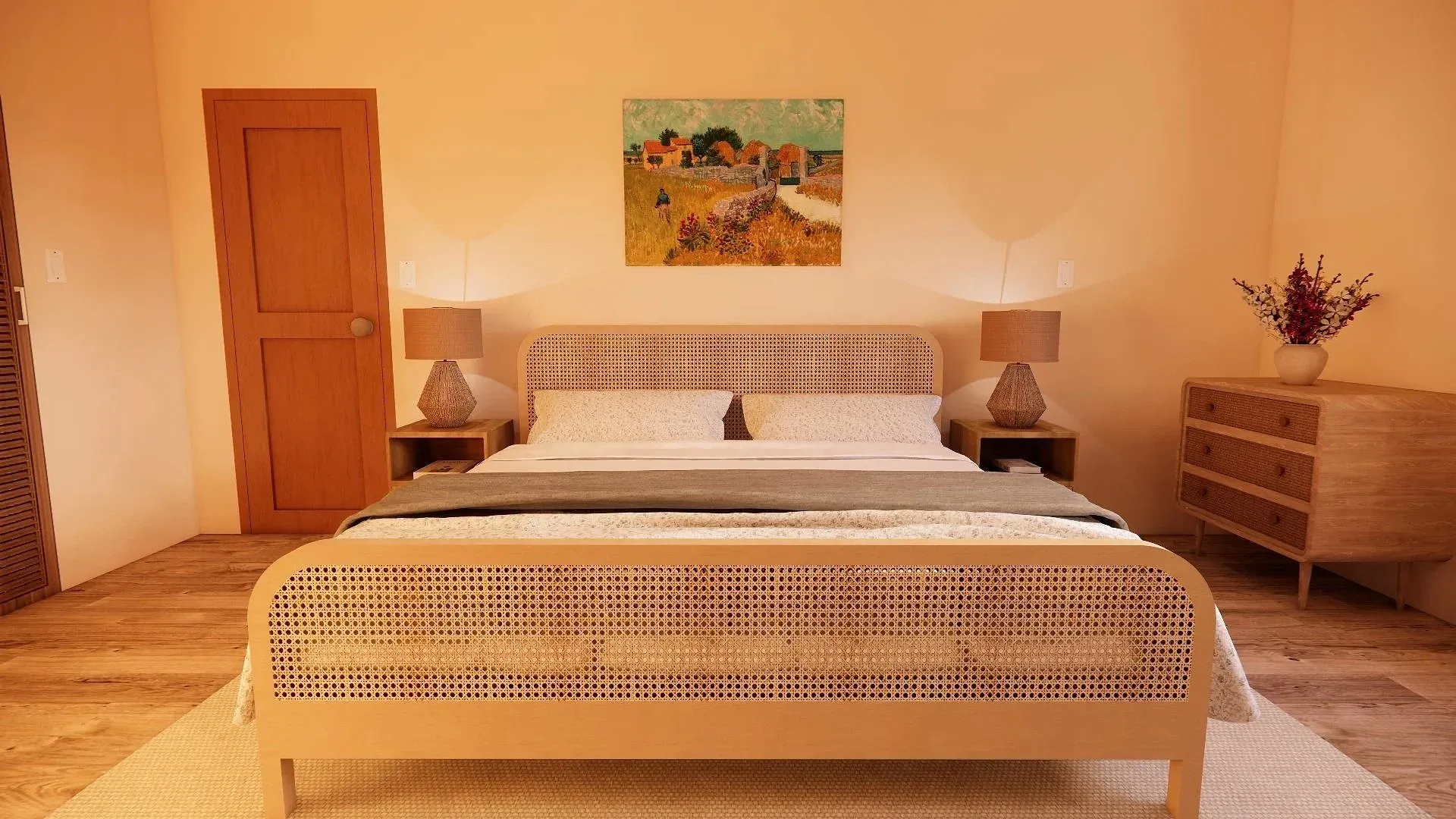 Vue de face de la chambre aux teintes naturelles