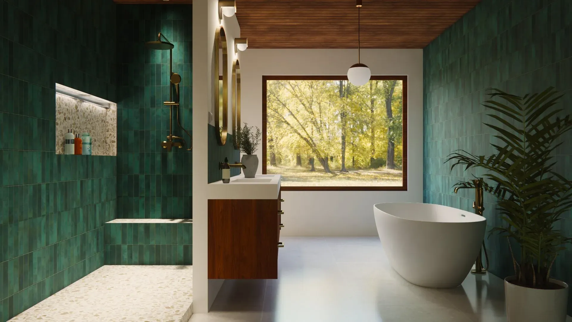 Salle de bain Mid-Century aux murs vert profond et meuble vasque en noyer