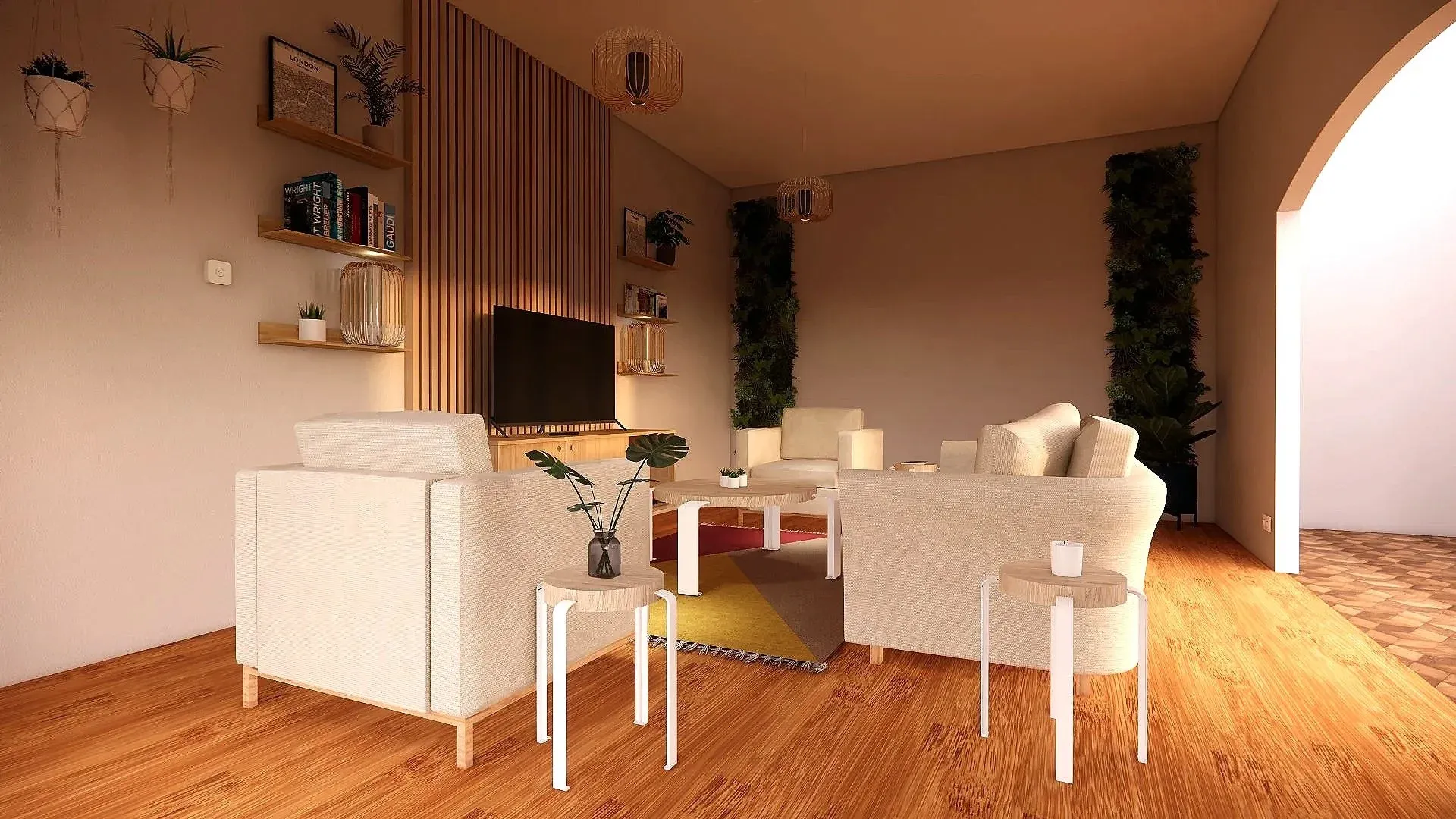 Salon contemporain avec plantes et textures naturelles