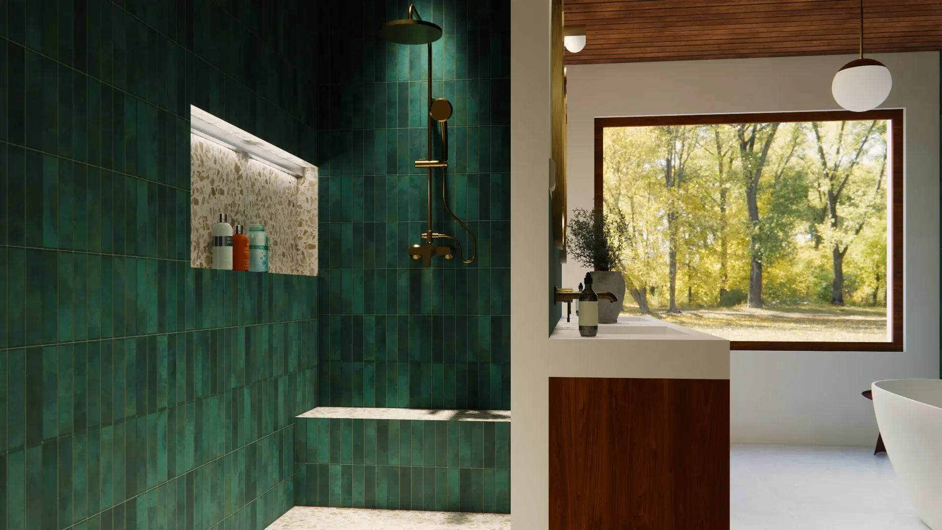 Douche en carreaux vert profond et meuble vasque face à la fenêtre