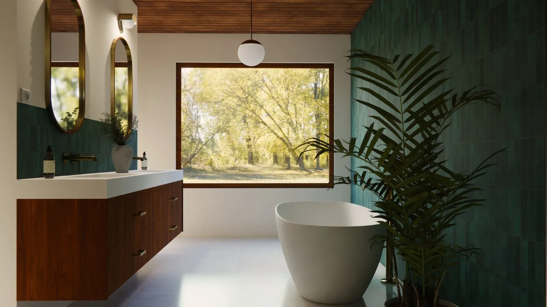 Baignoire îlot devant une grande fenêtre encadrée de bois