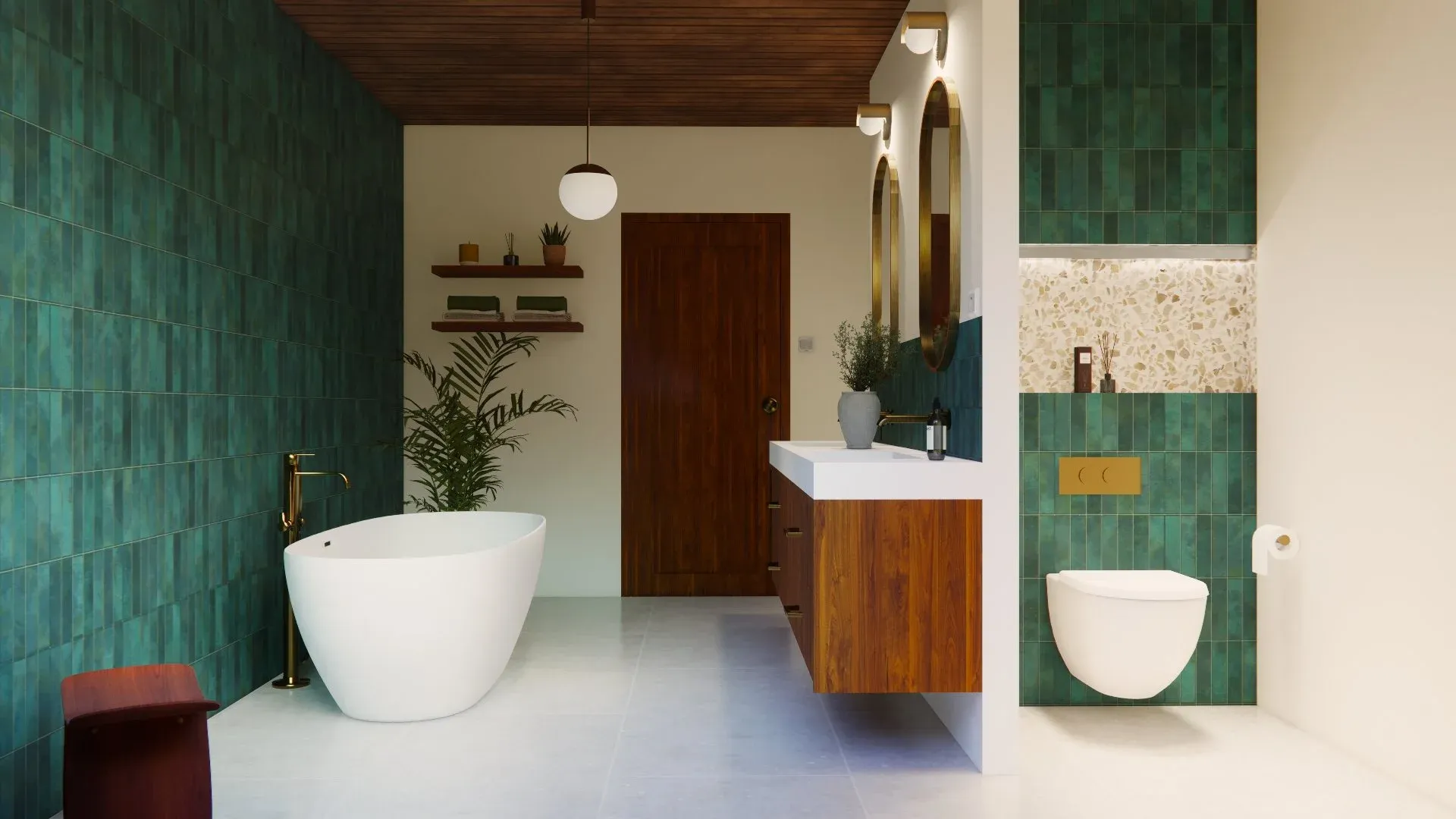 Baignoire blanche, porte en bois et meuble vasque dans la salle de bain