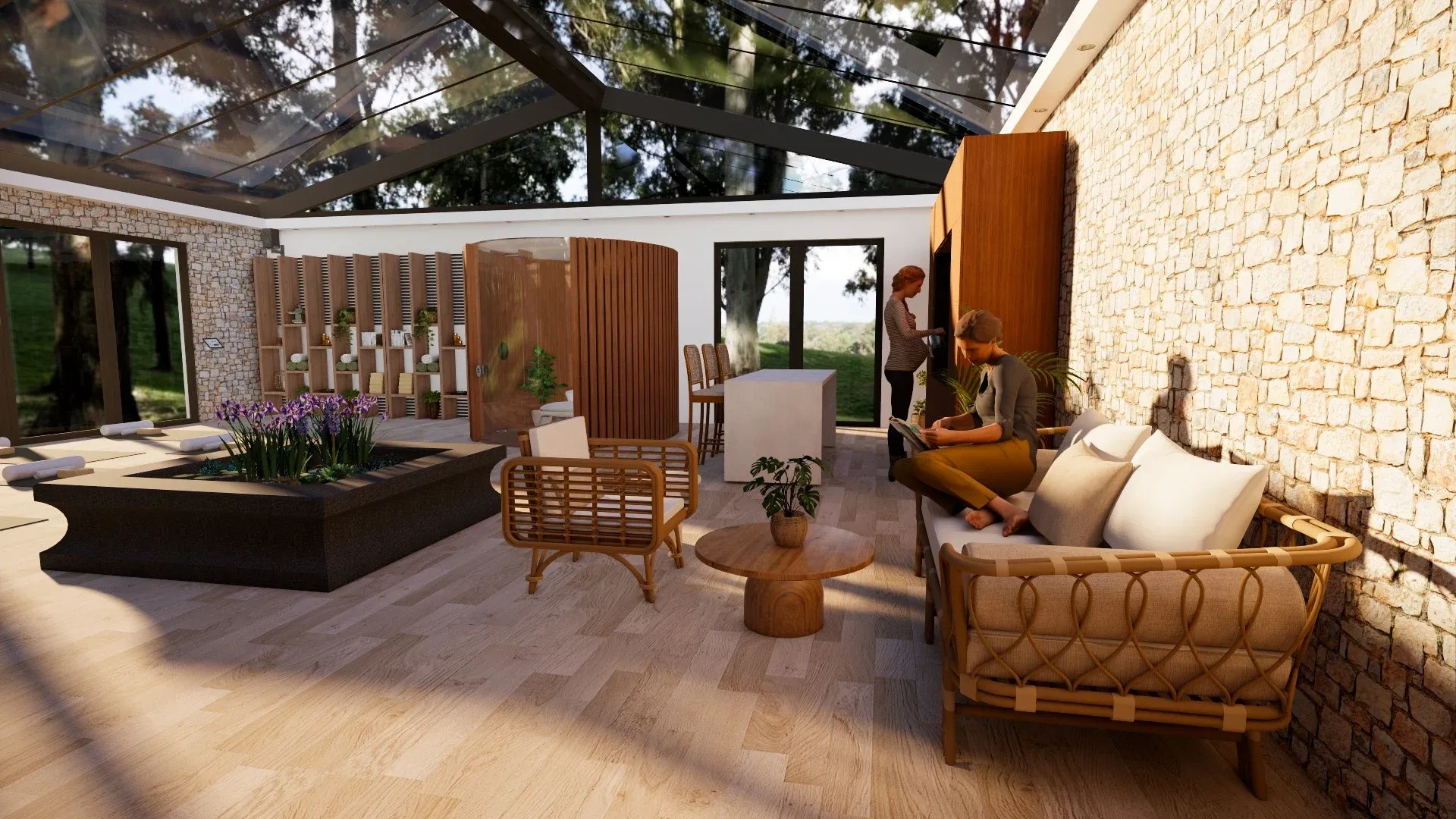 Visualisation 3D d’un espace détente ouvert sur la nature