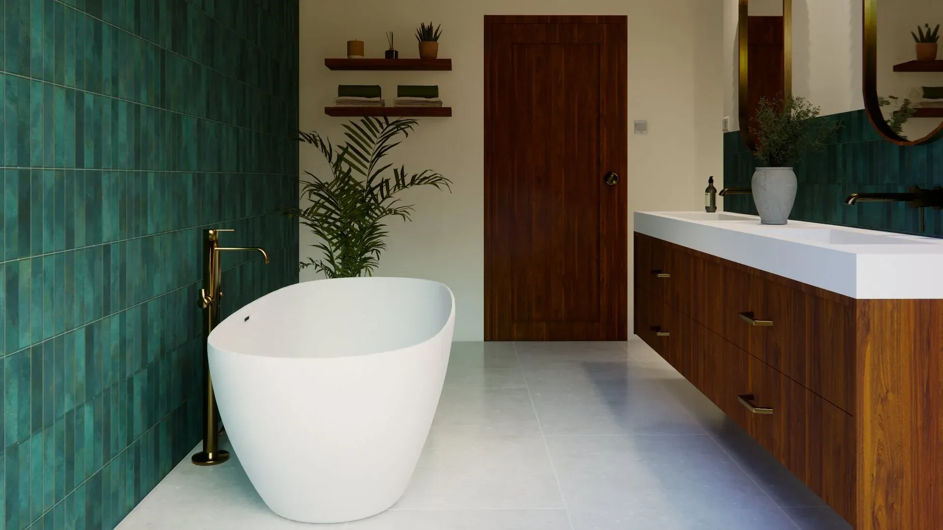 Baignoire îlot vue depuis la douche aux carreaux verts