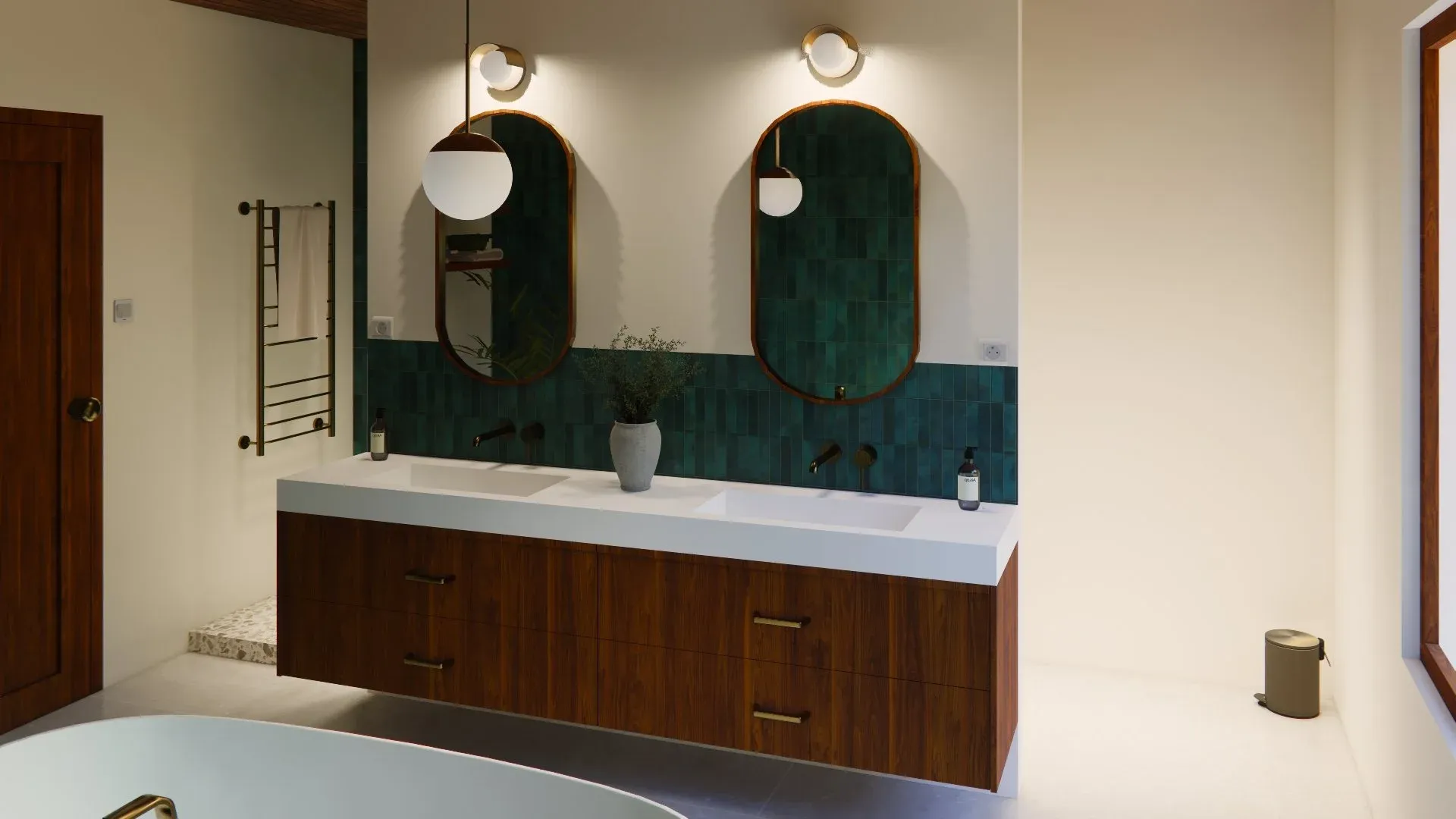 Double vasque en noyer avec miroirs arrondis et luminaires globe