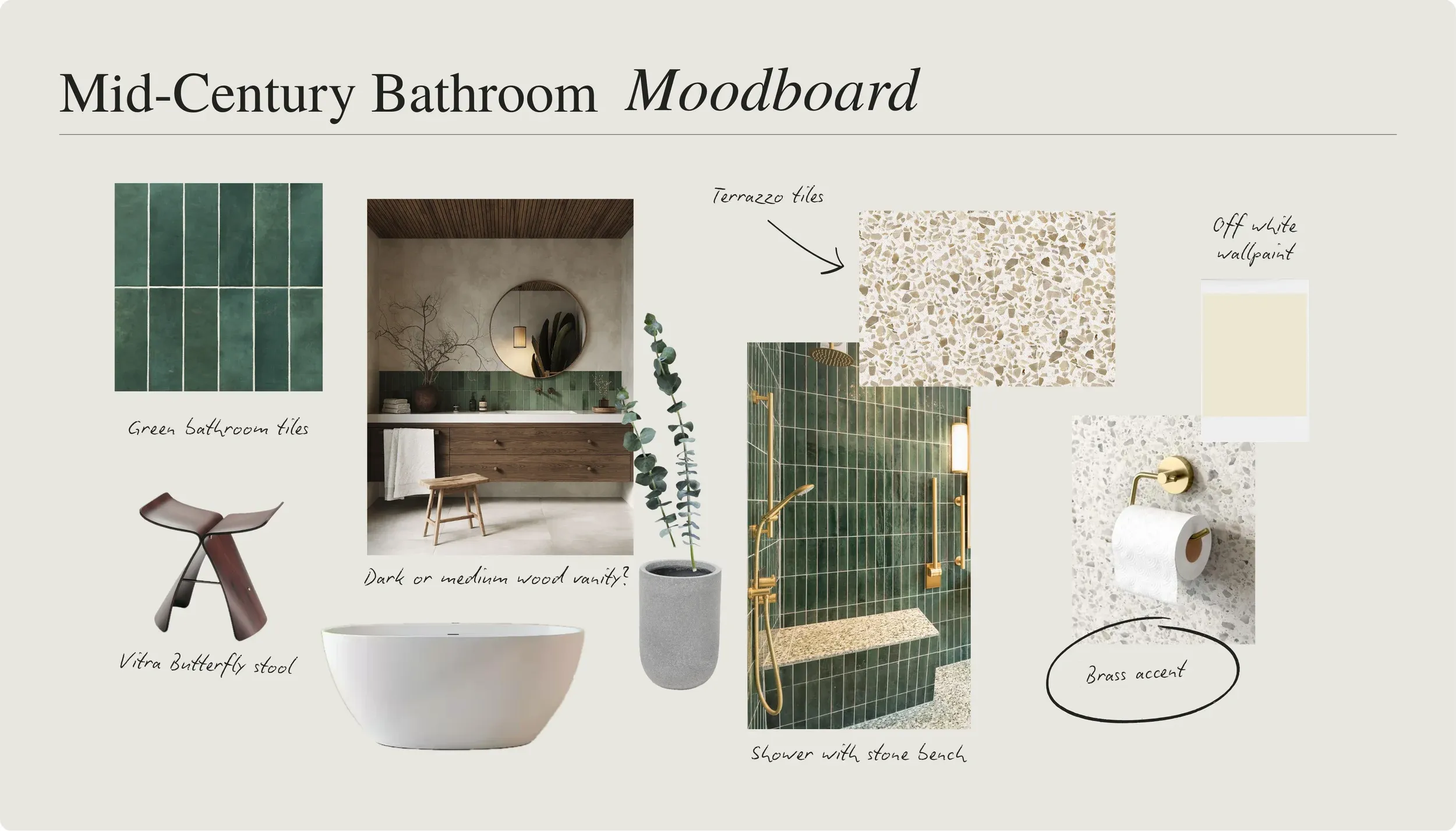 Planche d’ambiance avec matériaux et mobilier du projet Mid-Century