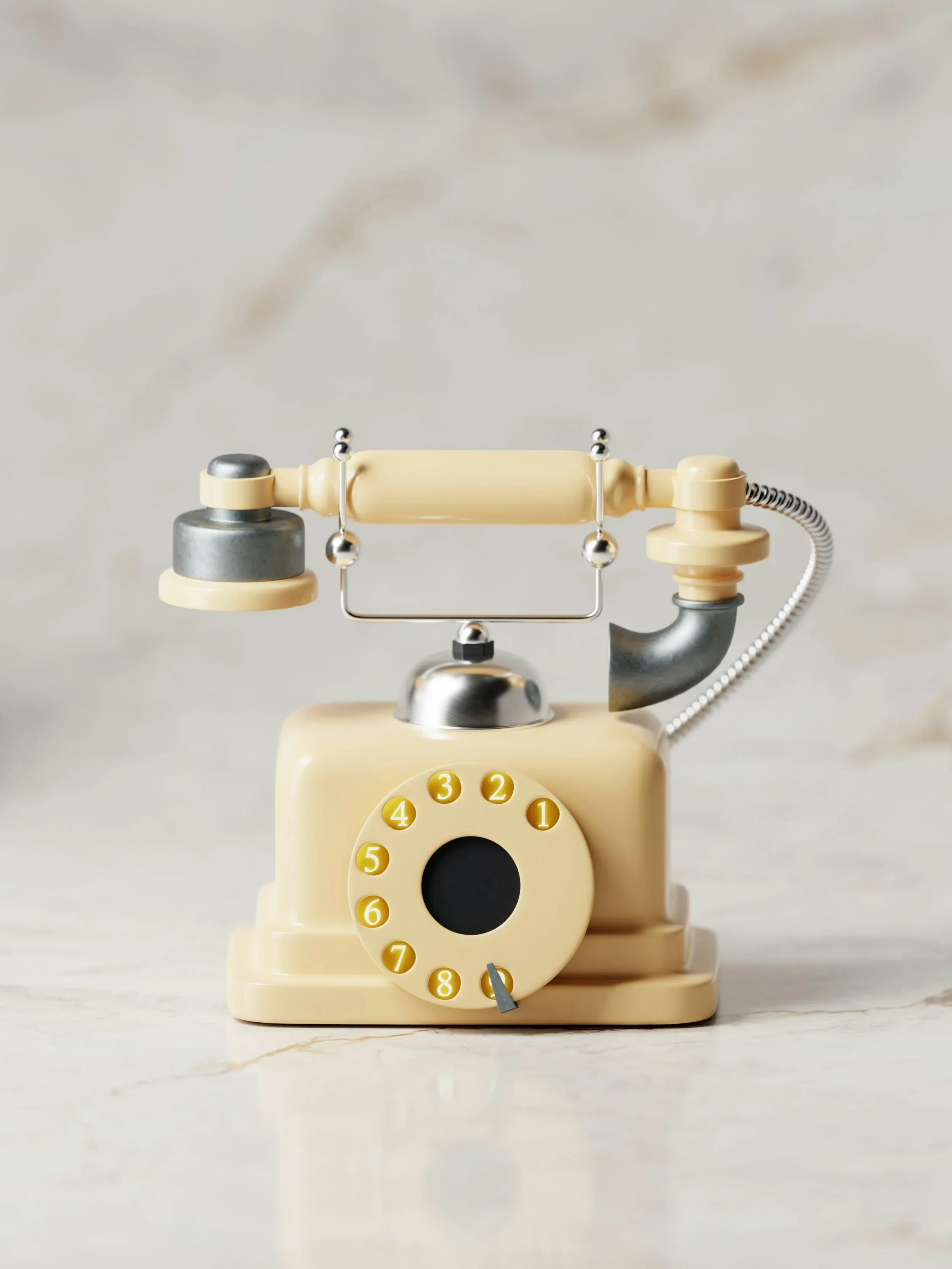 Téléphone vintage beige posé sur une surface en marbre clair